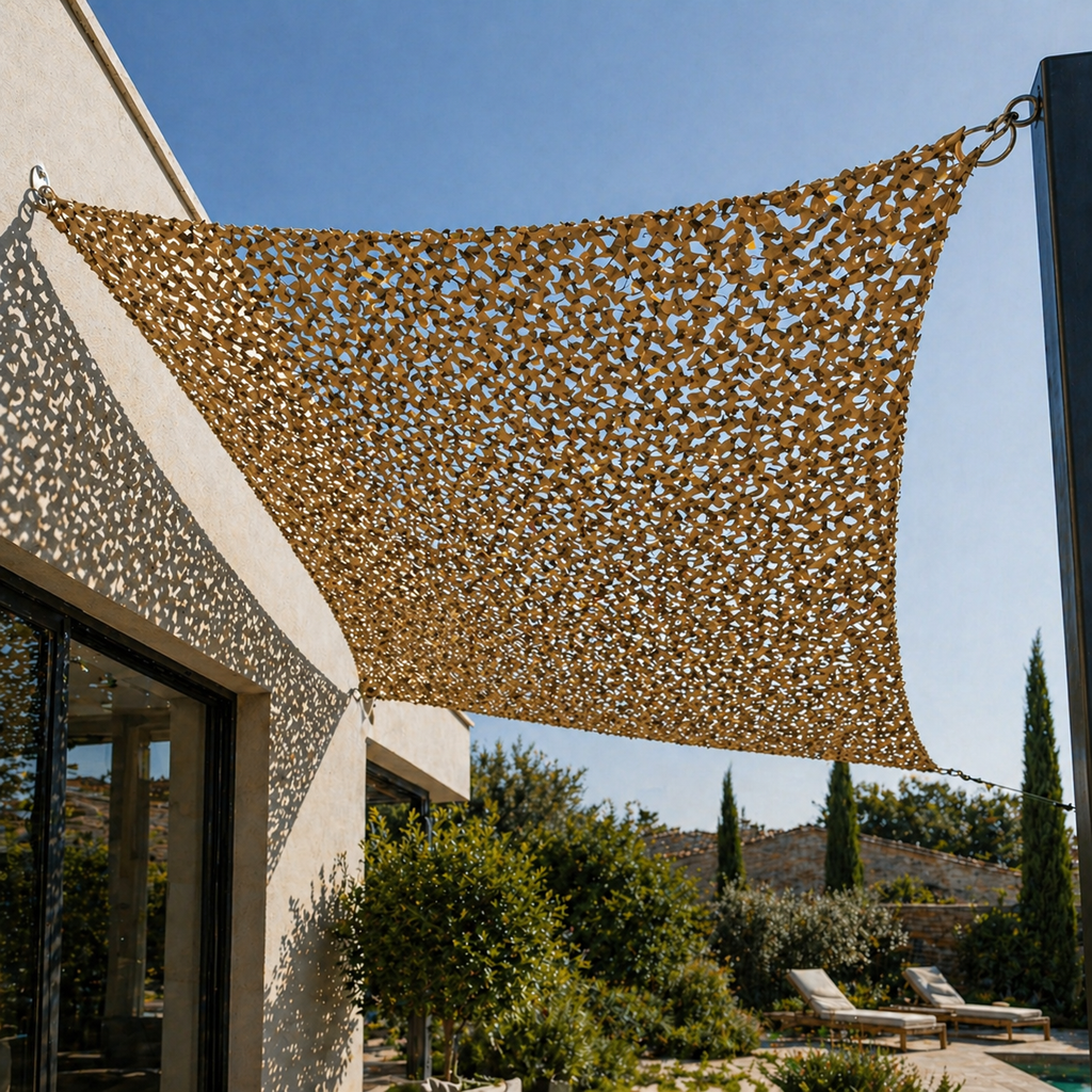 Voile d’ombrage camouflage sable renforcée câble acier