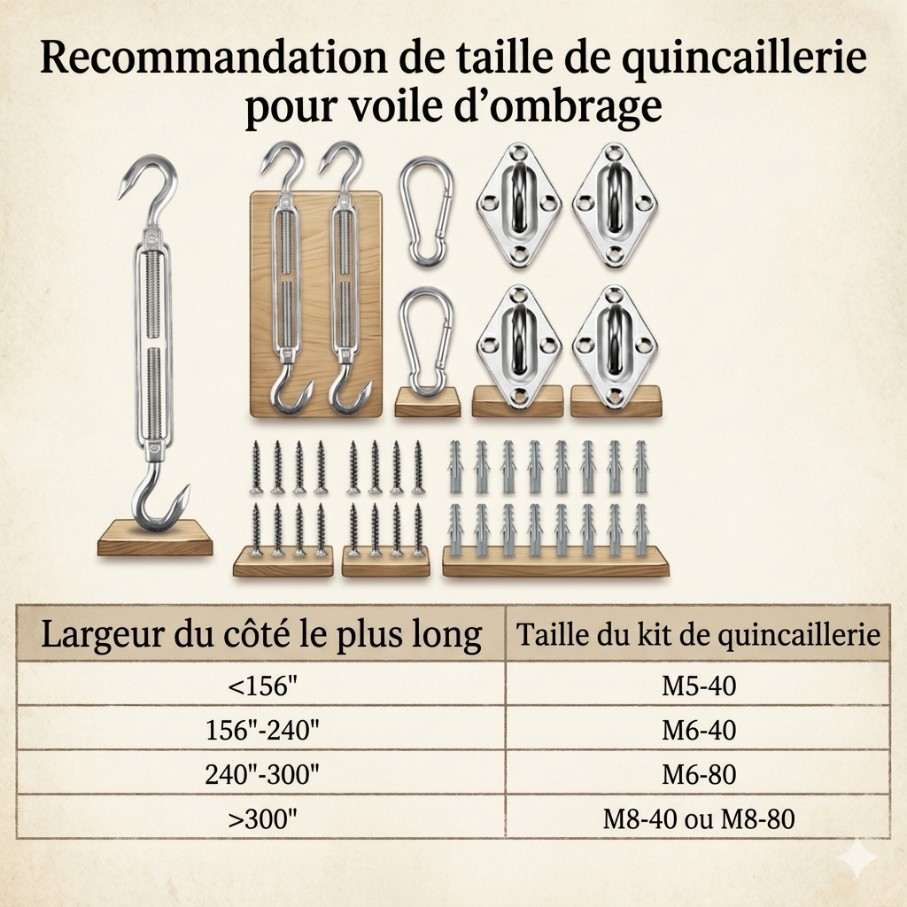 Kit Fixation Voile d’Ombrage Inox 304 – Résistant Vent